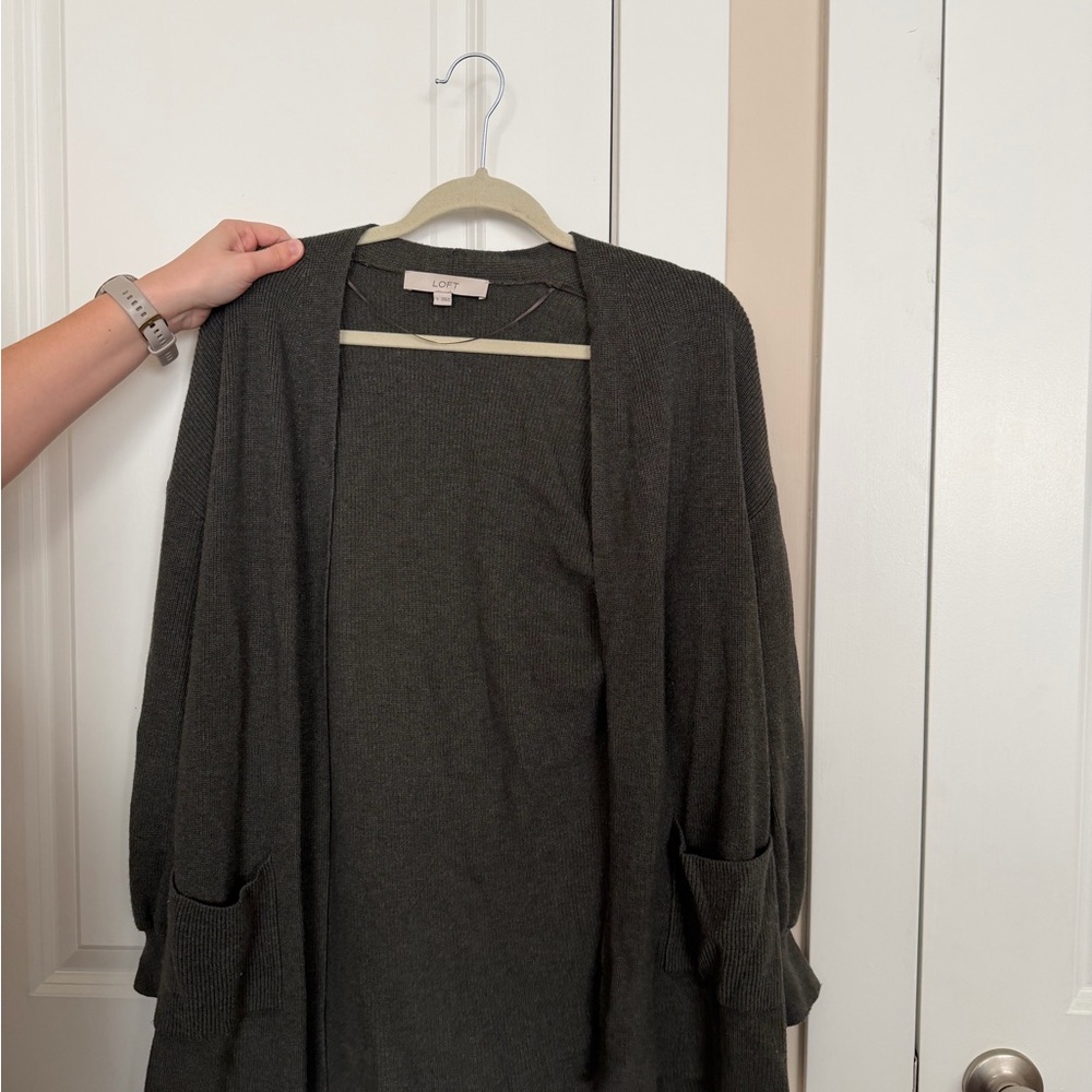LOFT Dark Green Open-Front Pocket Cardigan